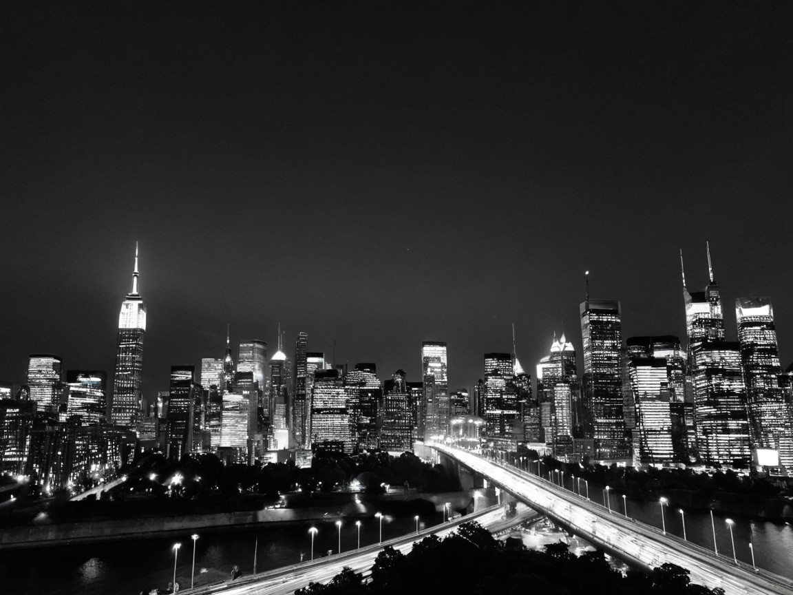 Black and White Night Cityscape with Skyscrapers