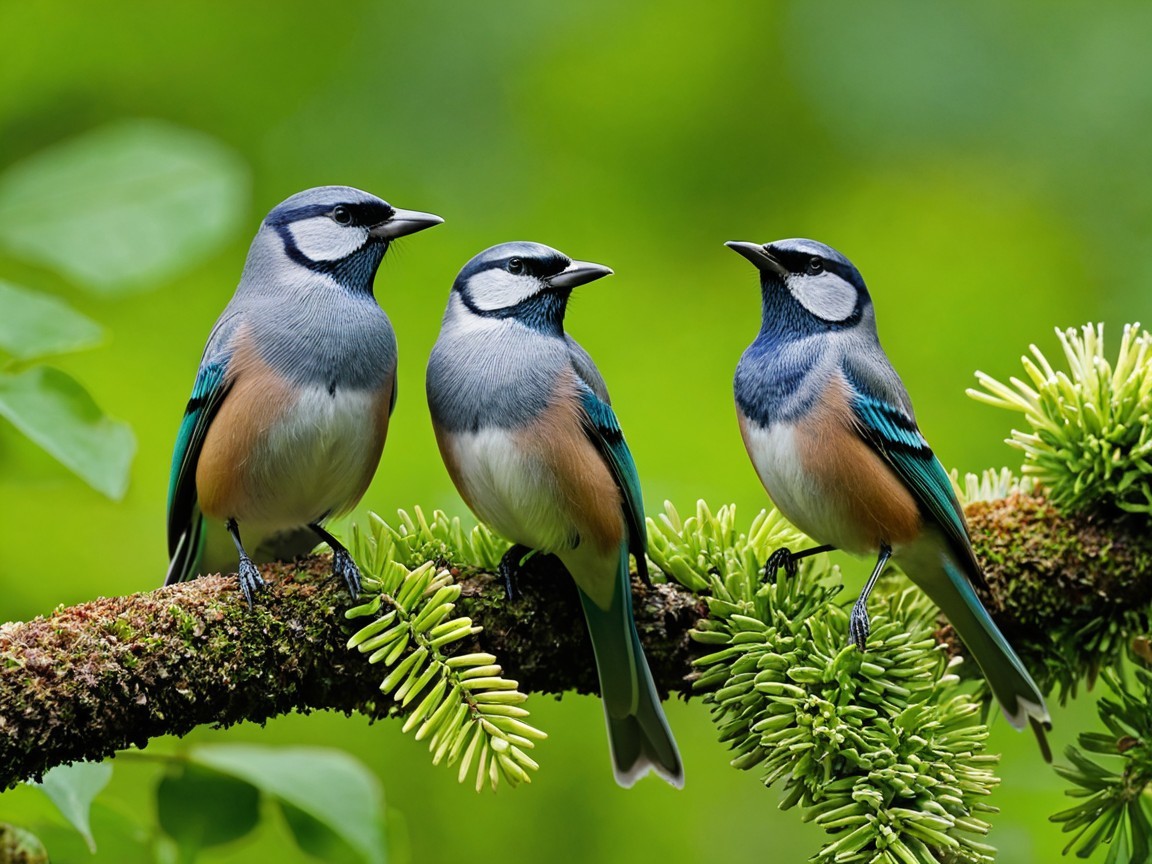 Vibrant Birds on Moss-Covered Branch in Green Foliage