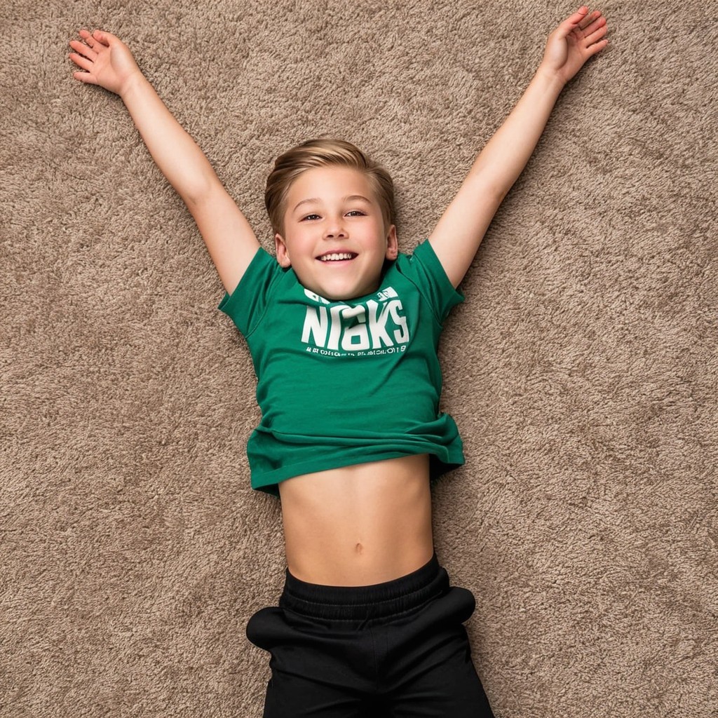 Cheerful boy on beige carpet in vibrant green t-shirt