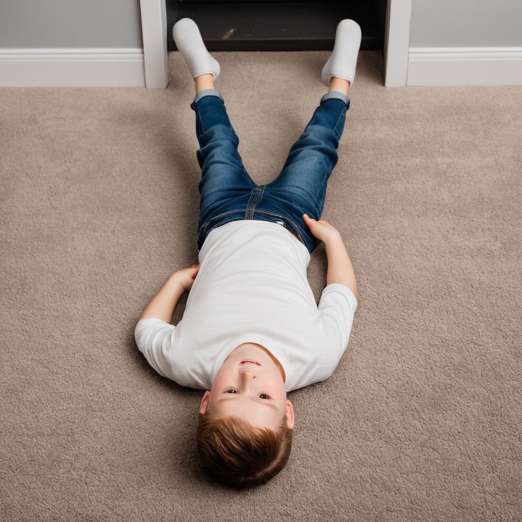 Young boy in white shirt and blue jeans on carpet