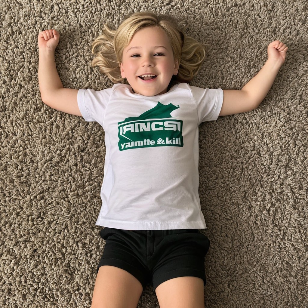 Child on beige carpet in playful attire and smile