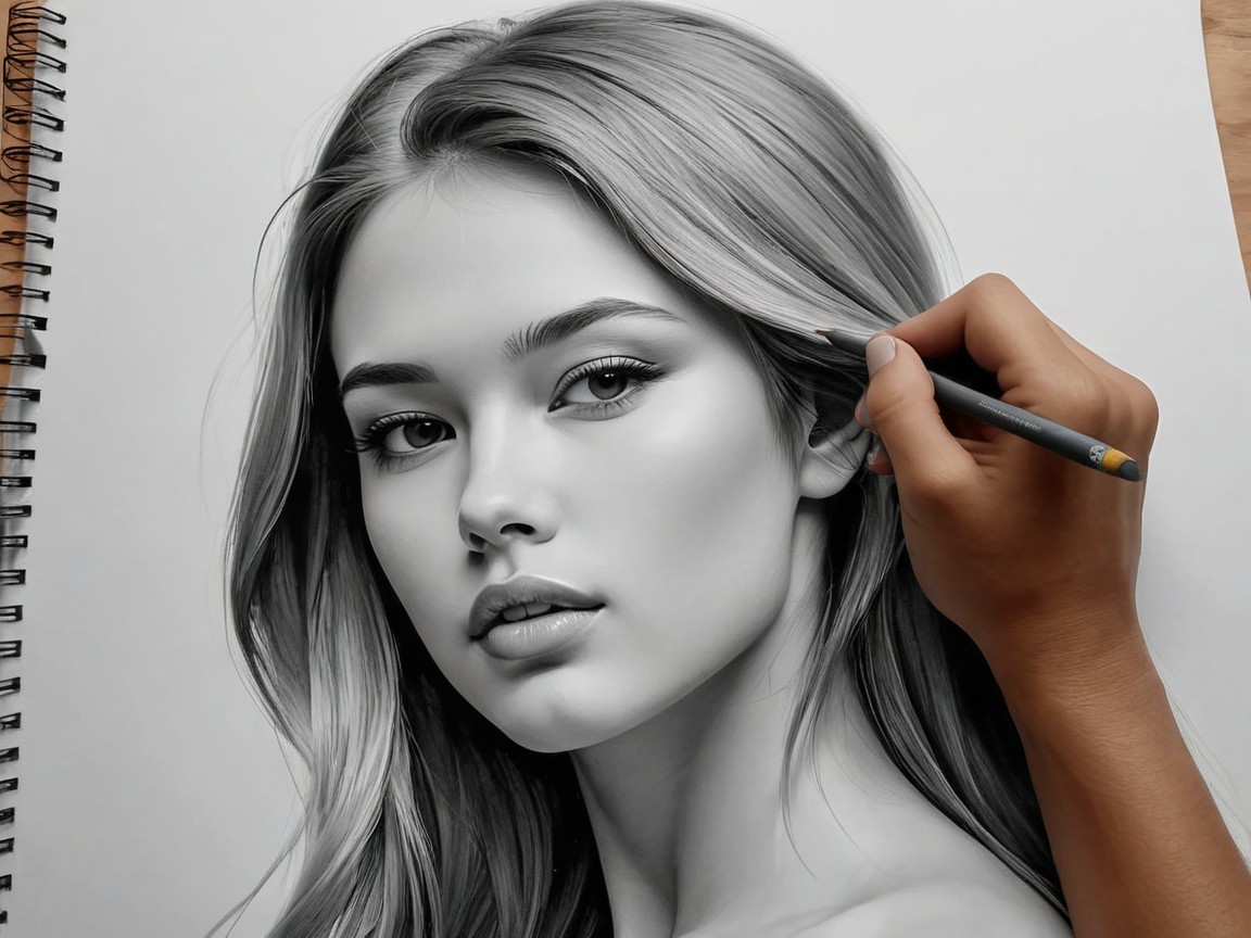 Monochrome Pencil Drawing of a Young Woman's Face
