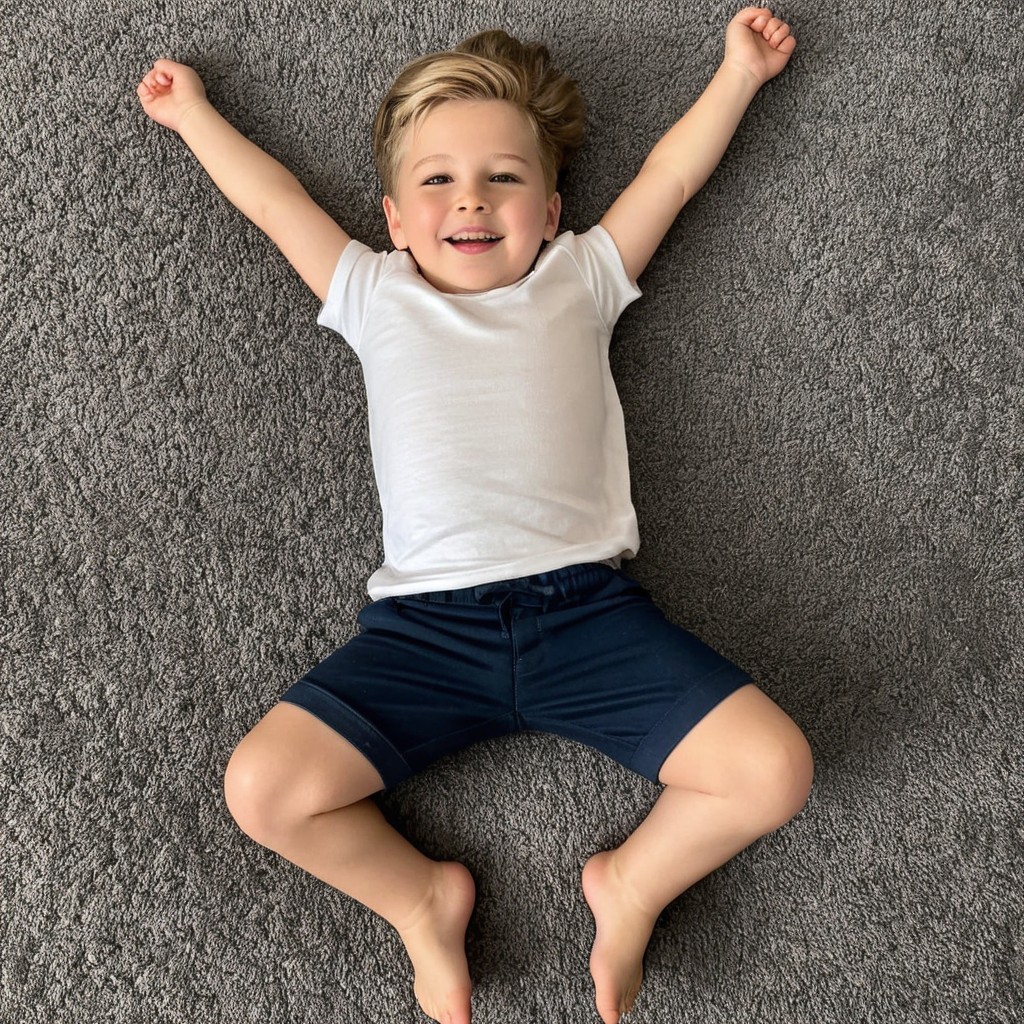 Cheerful boy on gray carpet with playful expression