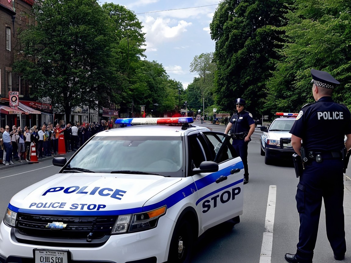 Police Vehicle with Flashing Lights and Officers Present