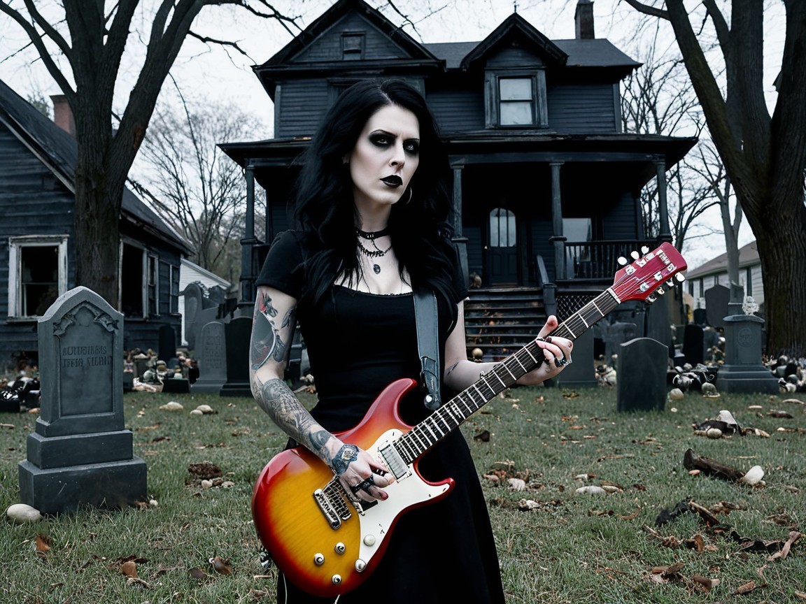 Gothic Scene of Woman with Guitar in Graveyard