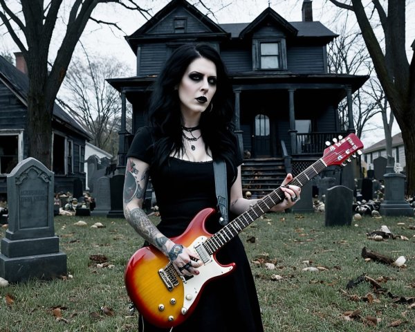 Gothic Scene of Woman with Guitar in Graveyard