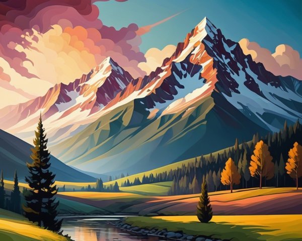 Majestic Mountains and Tranquil River at Sunset