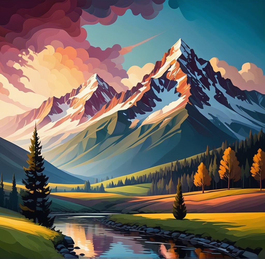 Majestic Mountains and Tranquil River at Sunset