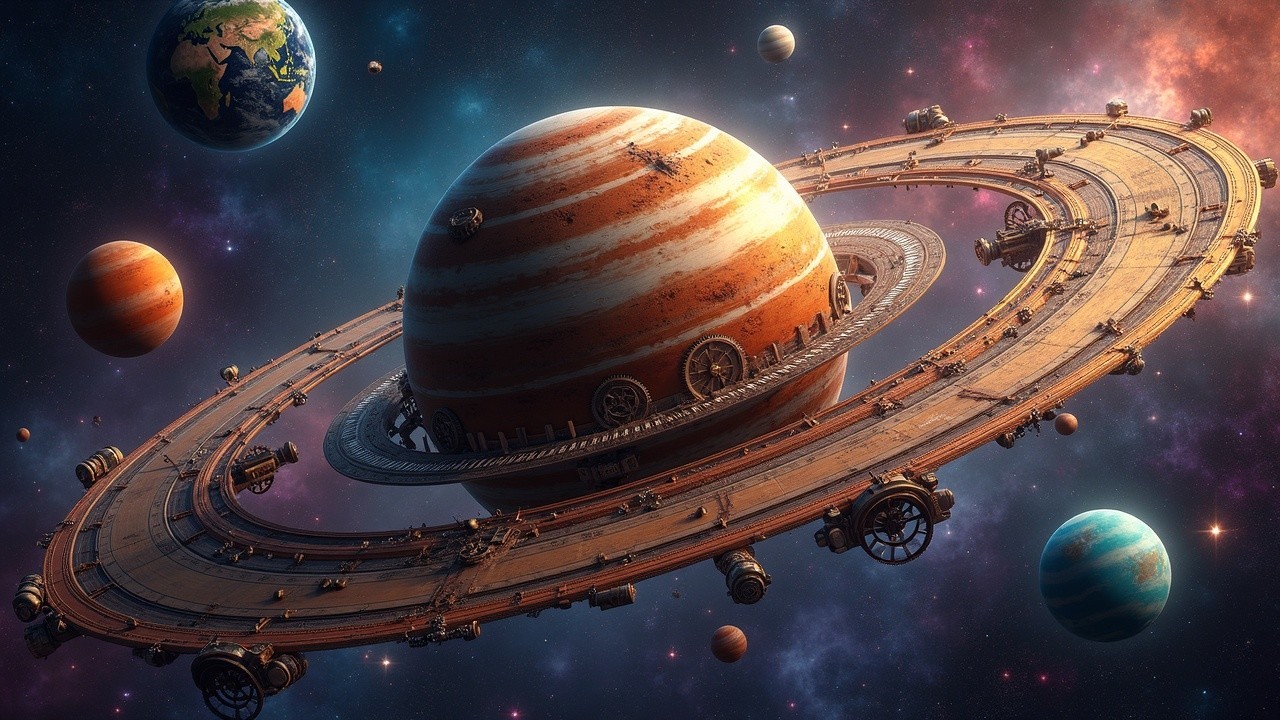 Vibrant Cosmic Scene with Striped Planet and Rings