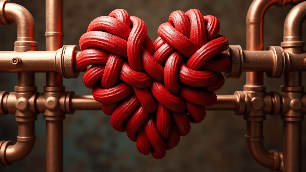 Intertwined Red Pipe Heart Against Metallic Plumbing