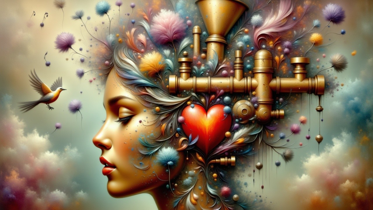 Surreal Woman's Profile with Colorful Hair and Heart