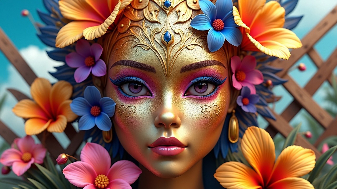 Portrait of a woman with flowers and golden headgear