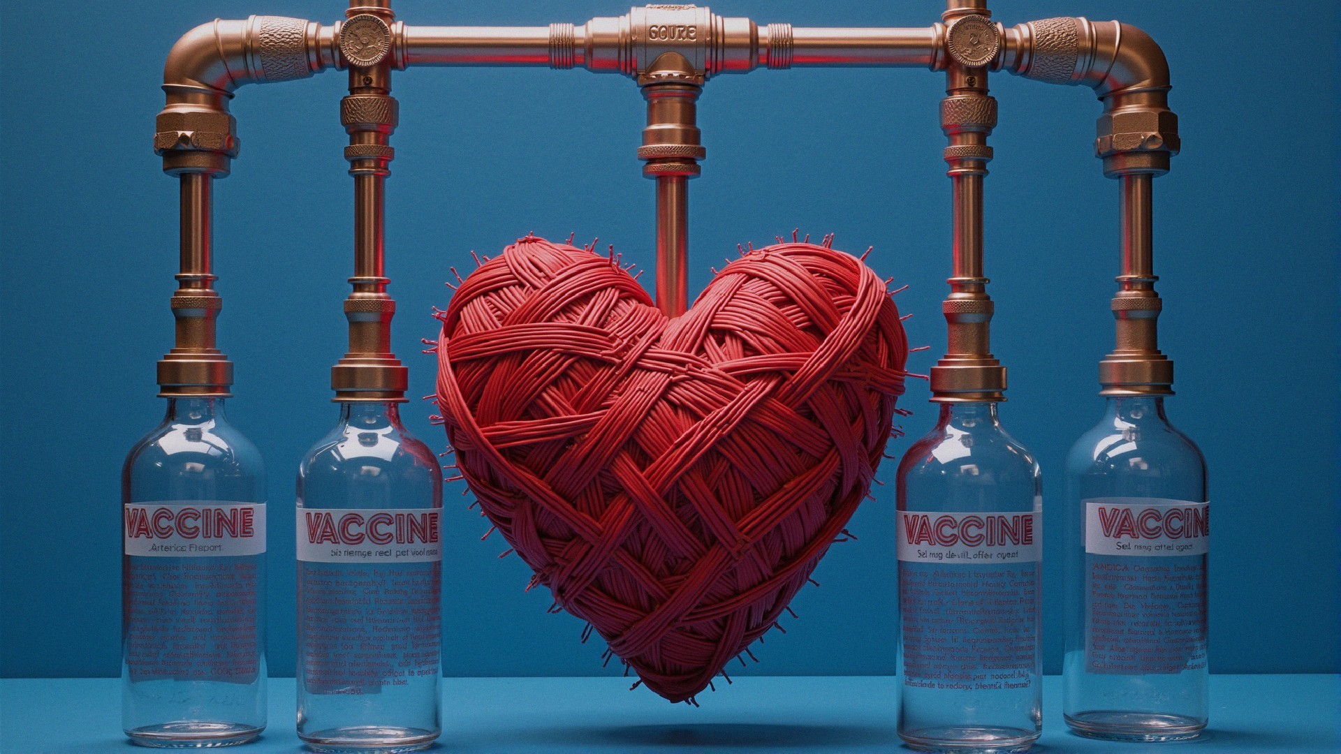 Vibrant Red Heart with Vaccine Bottles and Pipes