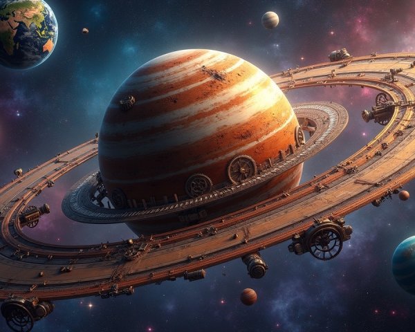 Vibrant Cosmic Scene with Striped Planet and Rings