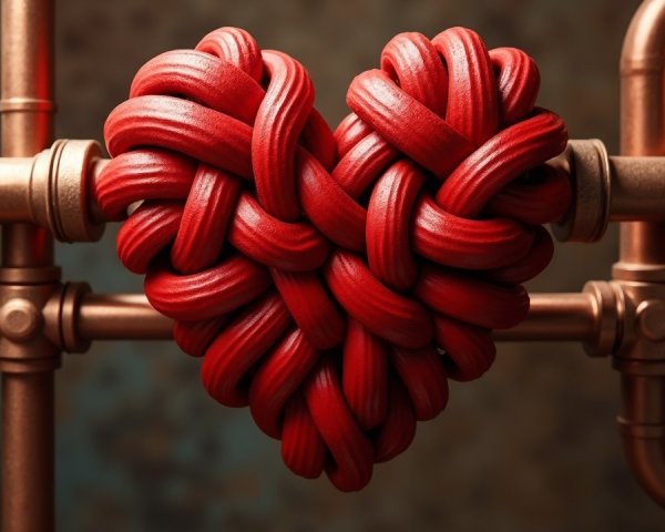 Intertwined Red Pipe Heart Against Metallic Plumbing