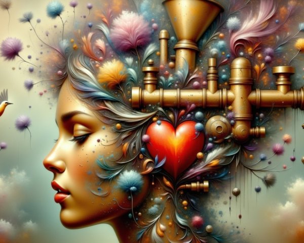 Surreal Woman's Profile with Colorful Hair and Heart