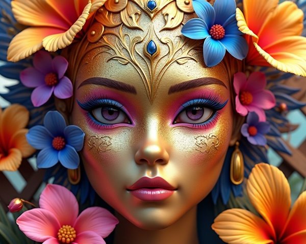 Portrait of a woman with flowers and golden headgear