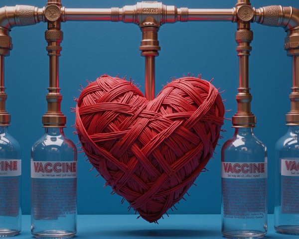 Vibrant Red Heart with Vaccine Bottles and Pipes