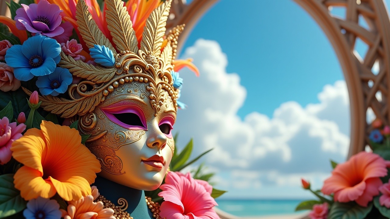 Vibrant Masquerade Mask with Floral and Golden Accents