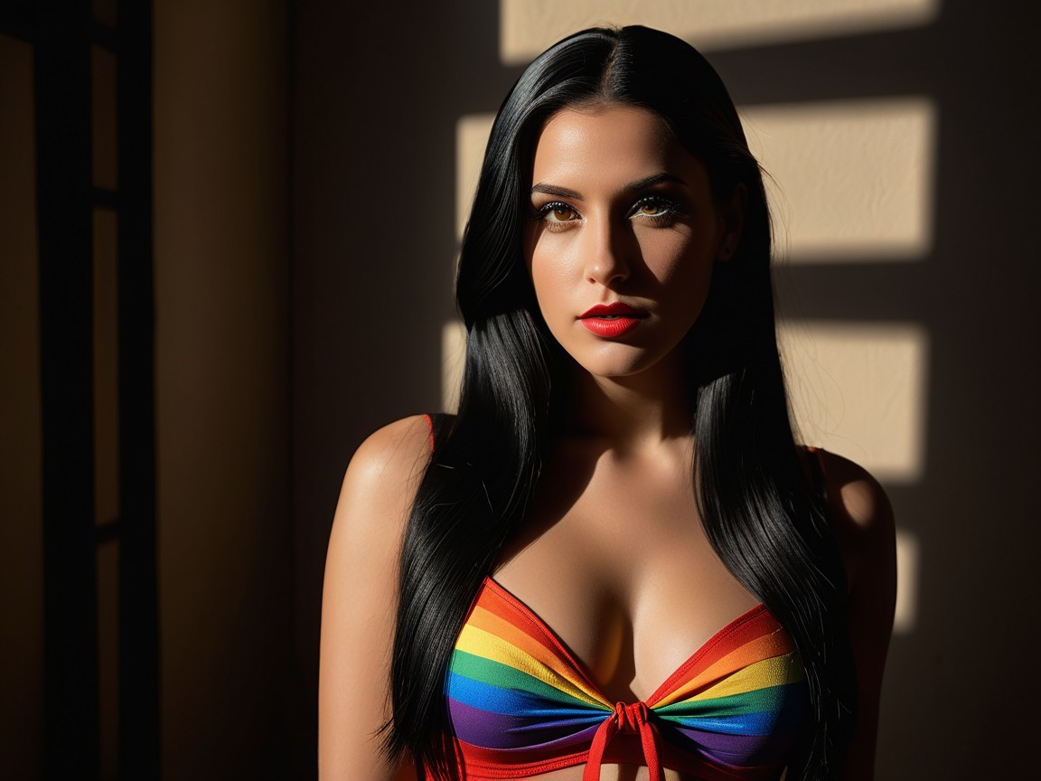Young woman in rainbow bikini with striking features