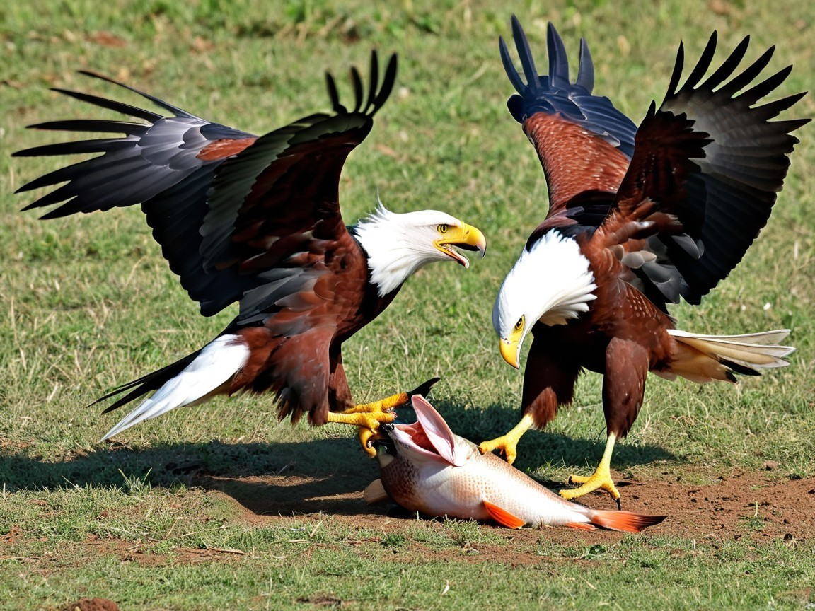 Eagles Compete for Fish on Green Grass Background