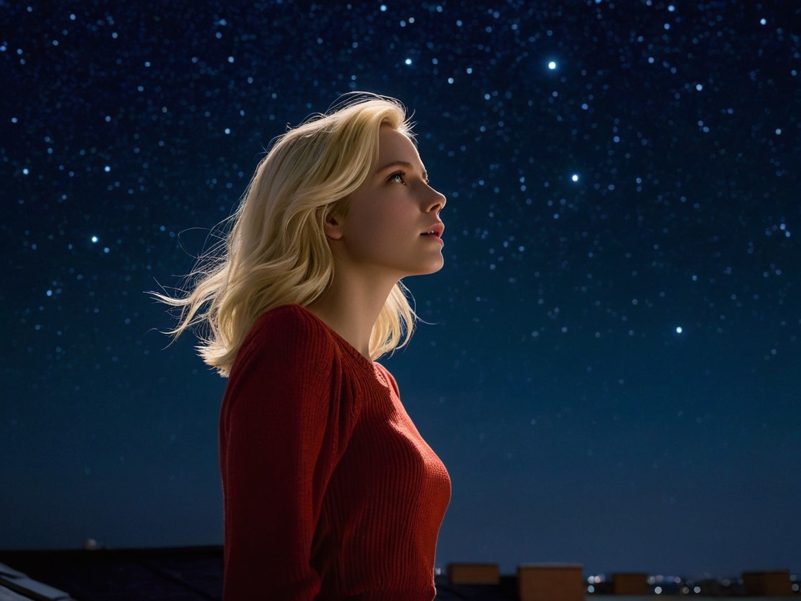 Woman in Reddish Sweater Against Starry Night Sky