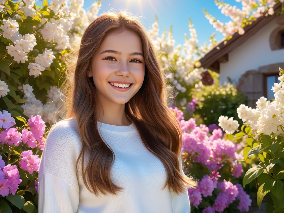 Cheerful girl in vibrant garden with blooming flowers