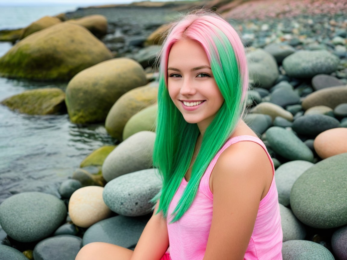 Young woman with colorful hair by the water's edge