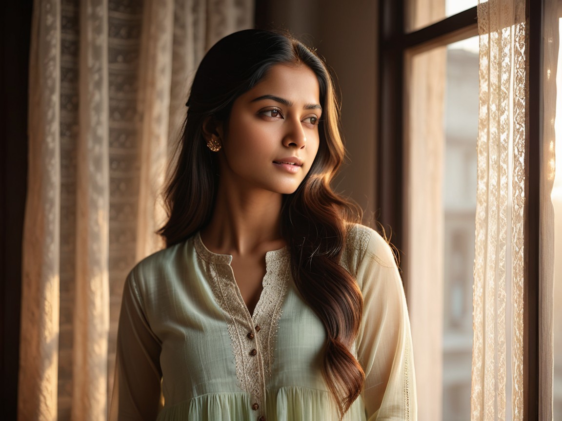 Young woman by sunlit window in pastel outfit
