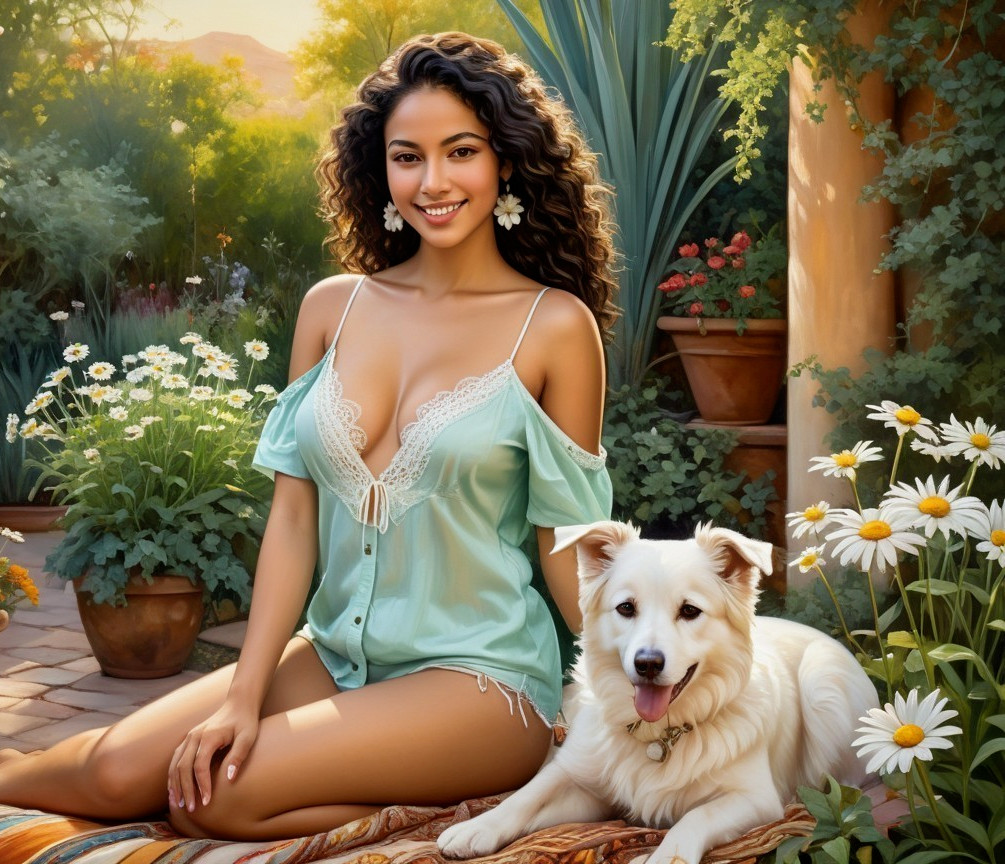 Woman with Curly Hair in Serene Garden Setting