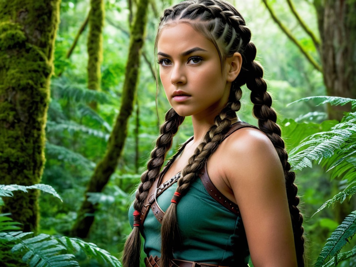 Young woman in warrior attire among dense forest foliage