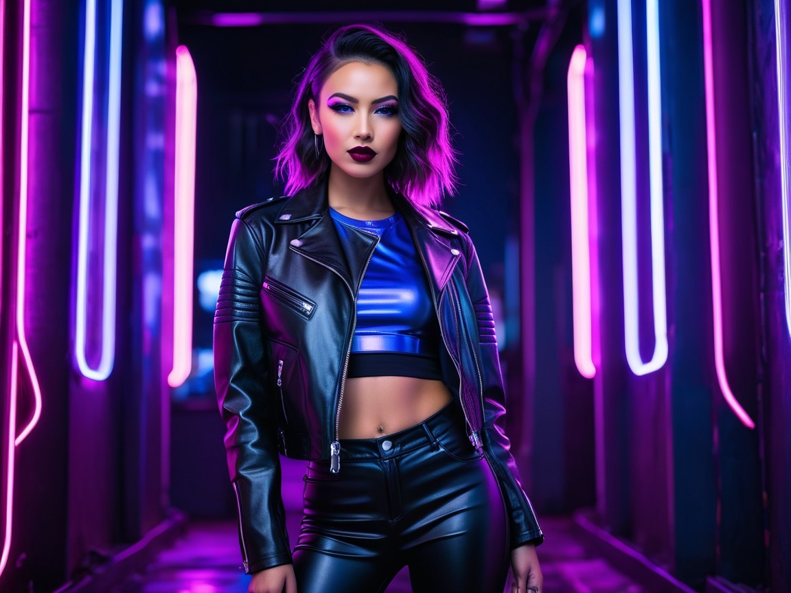 Confident Woman in Edgy Style in Neon Corridor