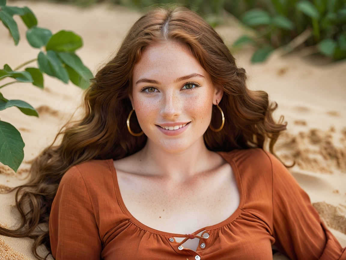 Young woman with reddish-brown hair in natural setting