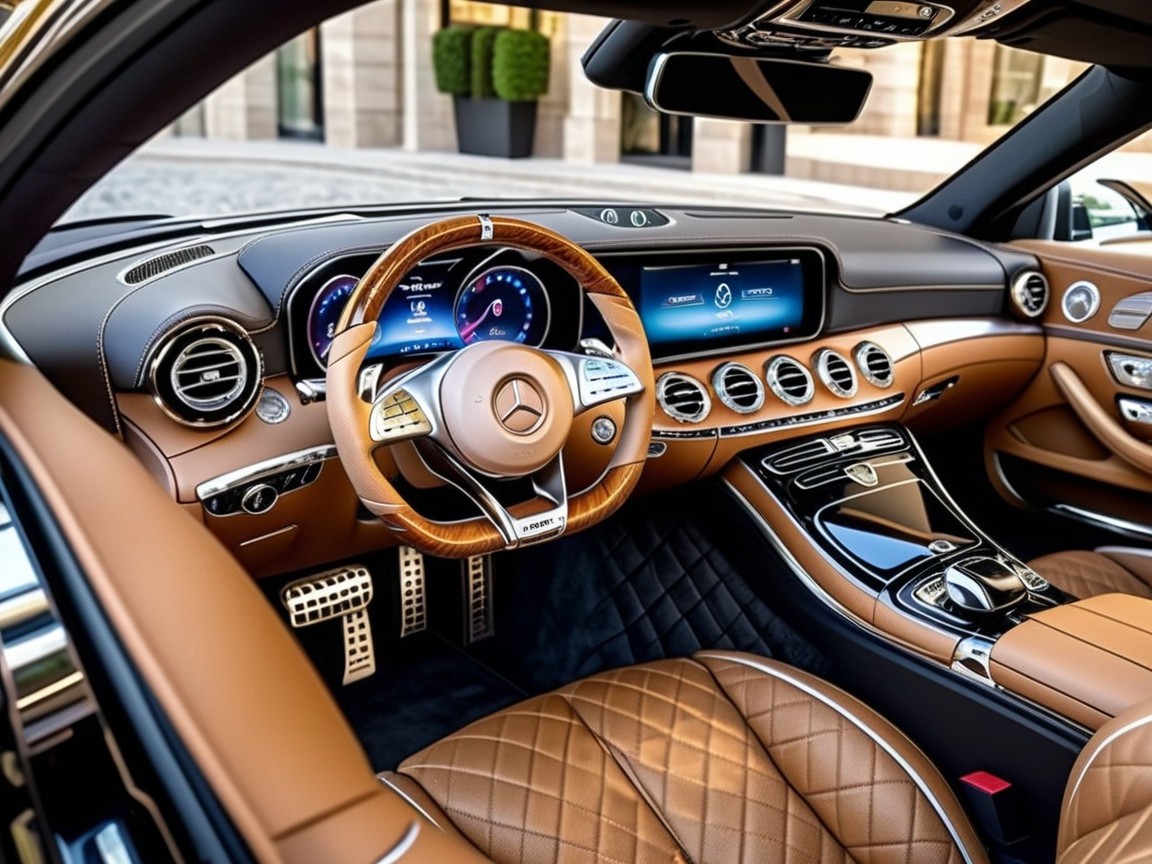 Luxurious Car Interior with Leather and Wood Accents