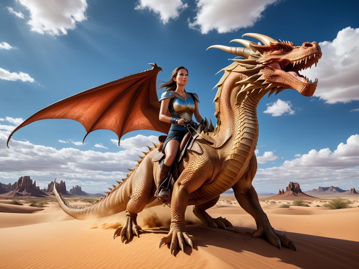 Dragon and Warrior Woman in Desert Landscape Scene