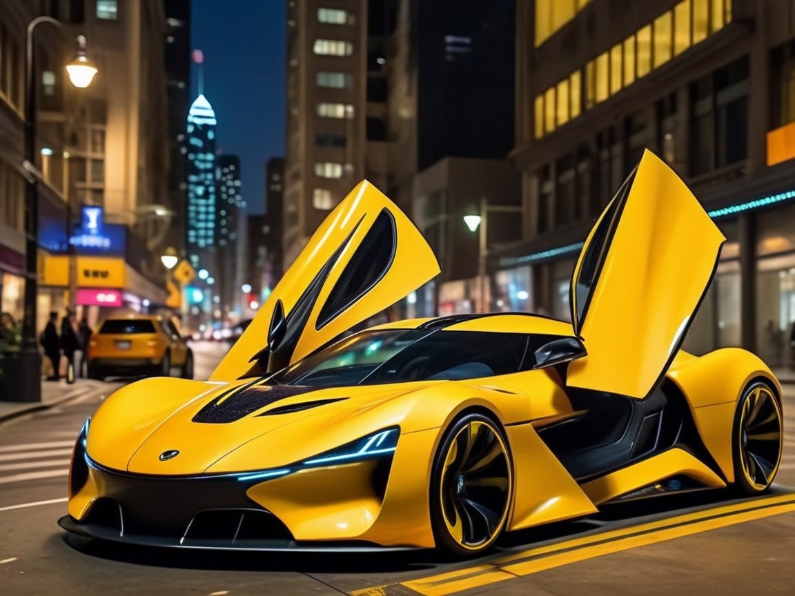 Futuristic Yellow Sports Car with Butterfly Doors at Night