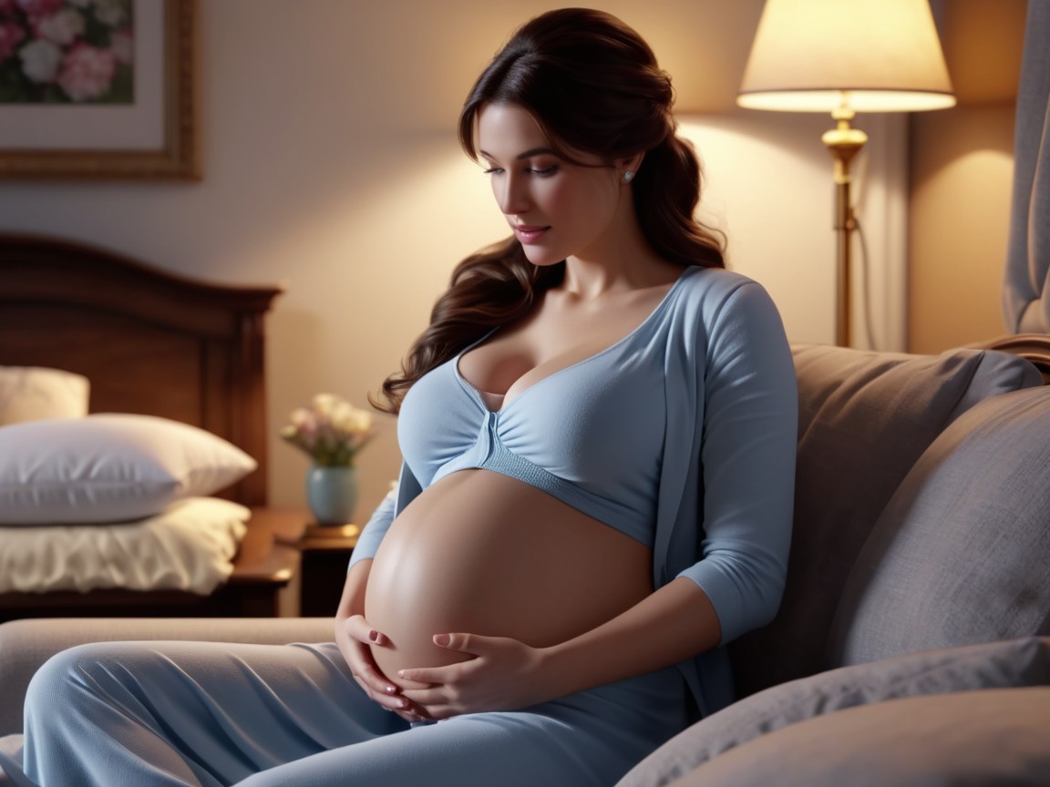 Pregnant Woman in Cozy Setting with Soft Lighting