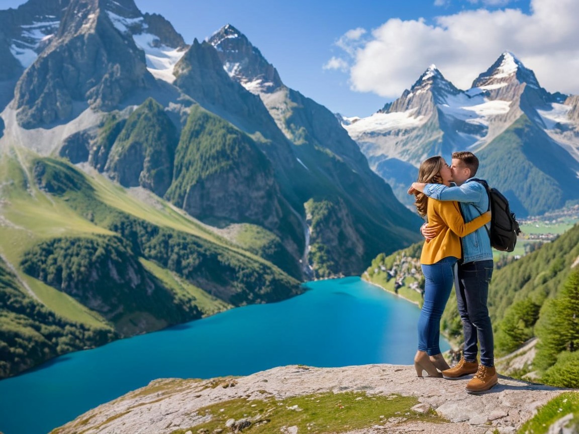 Couple Embracing on Rocky Overlook with Lake View