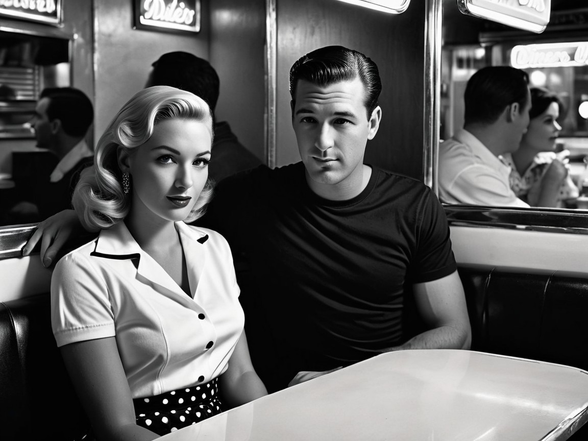 Retro Diner Scene with Glamorous Couple in Black and White