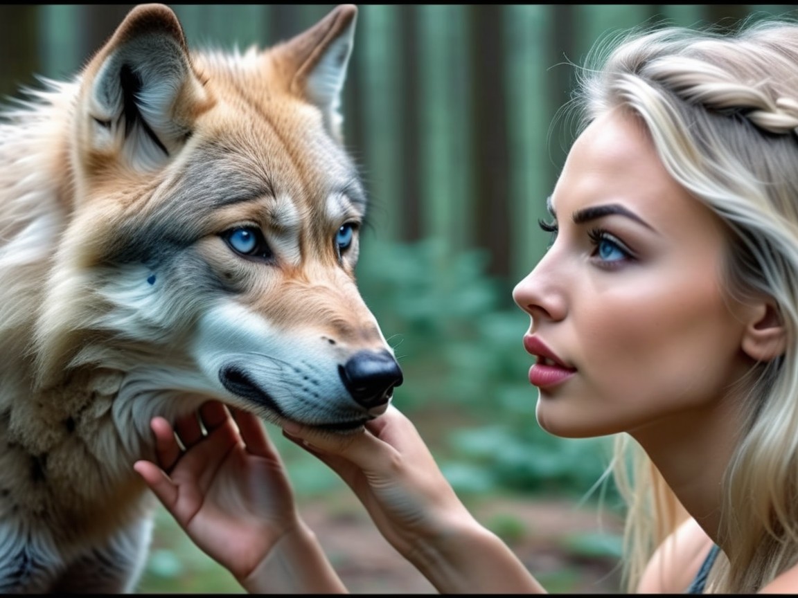 Woman and Wolf in a Serene Wooded Setting