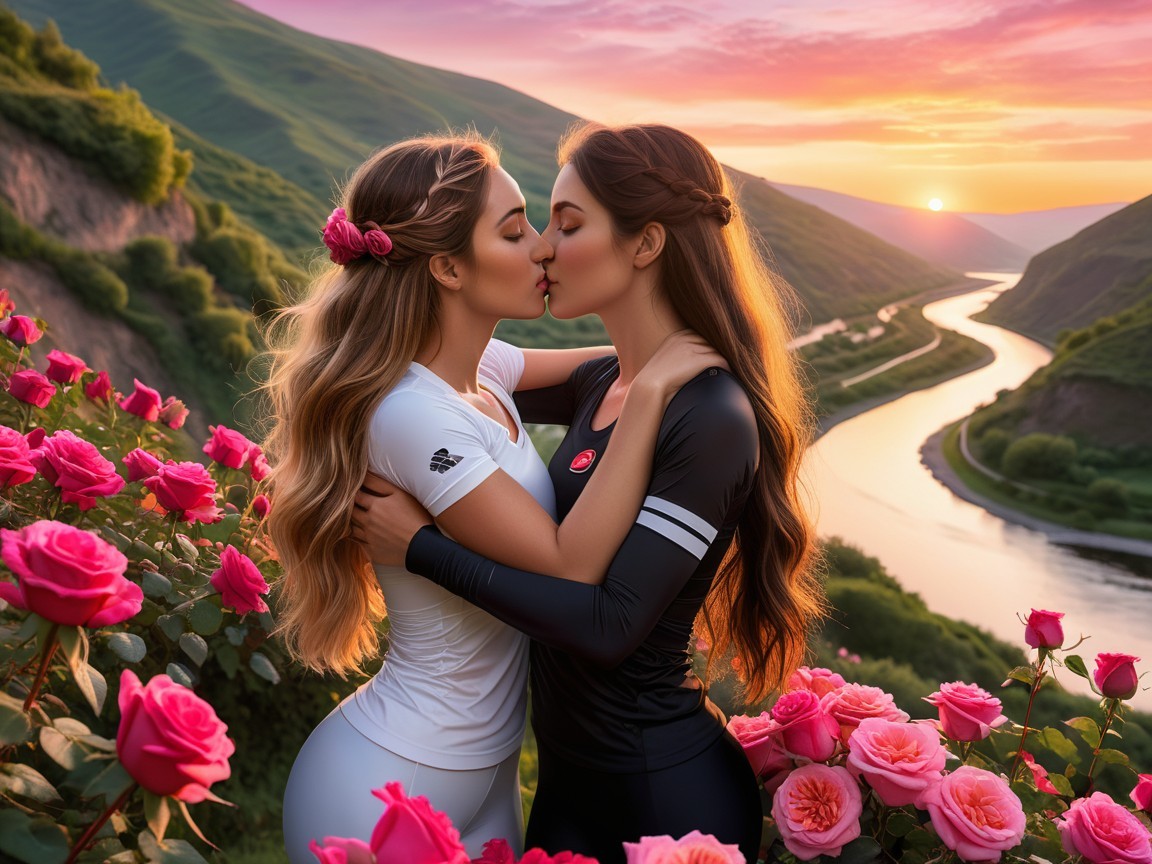 Women kissing in a rose-filled sunset landscape