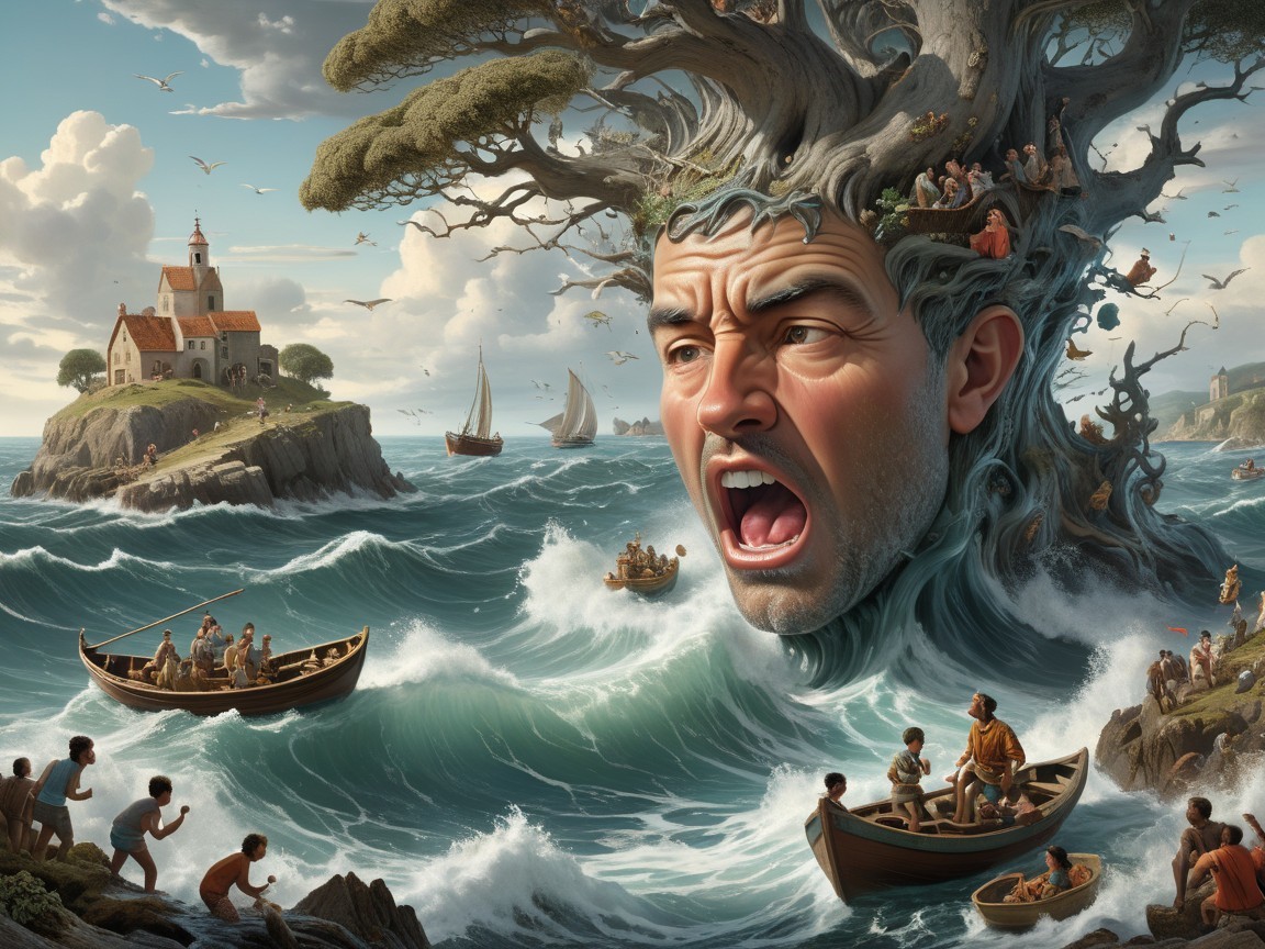 Surreal Scene of Face in Tree with Coastal Village