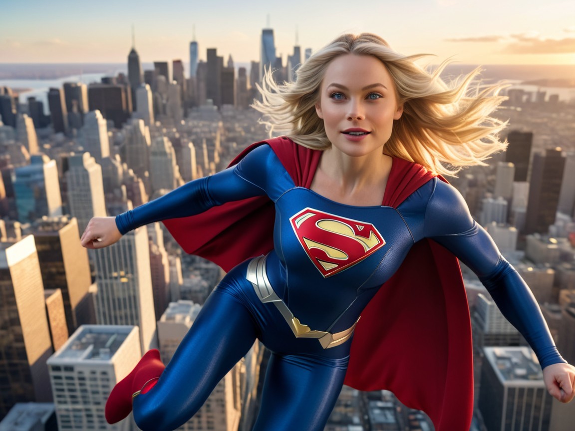 Heroic Figure in Blue Suit Above City Skyline