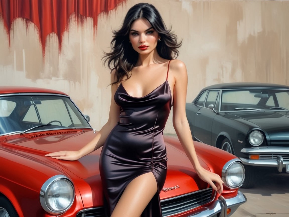 Glamorous Woman Posing on Classic Red Car Hood