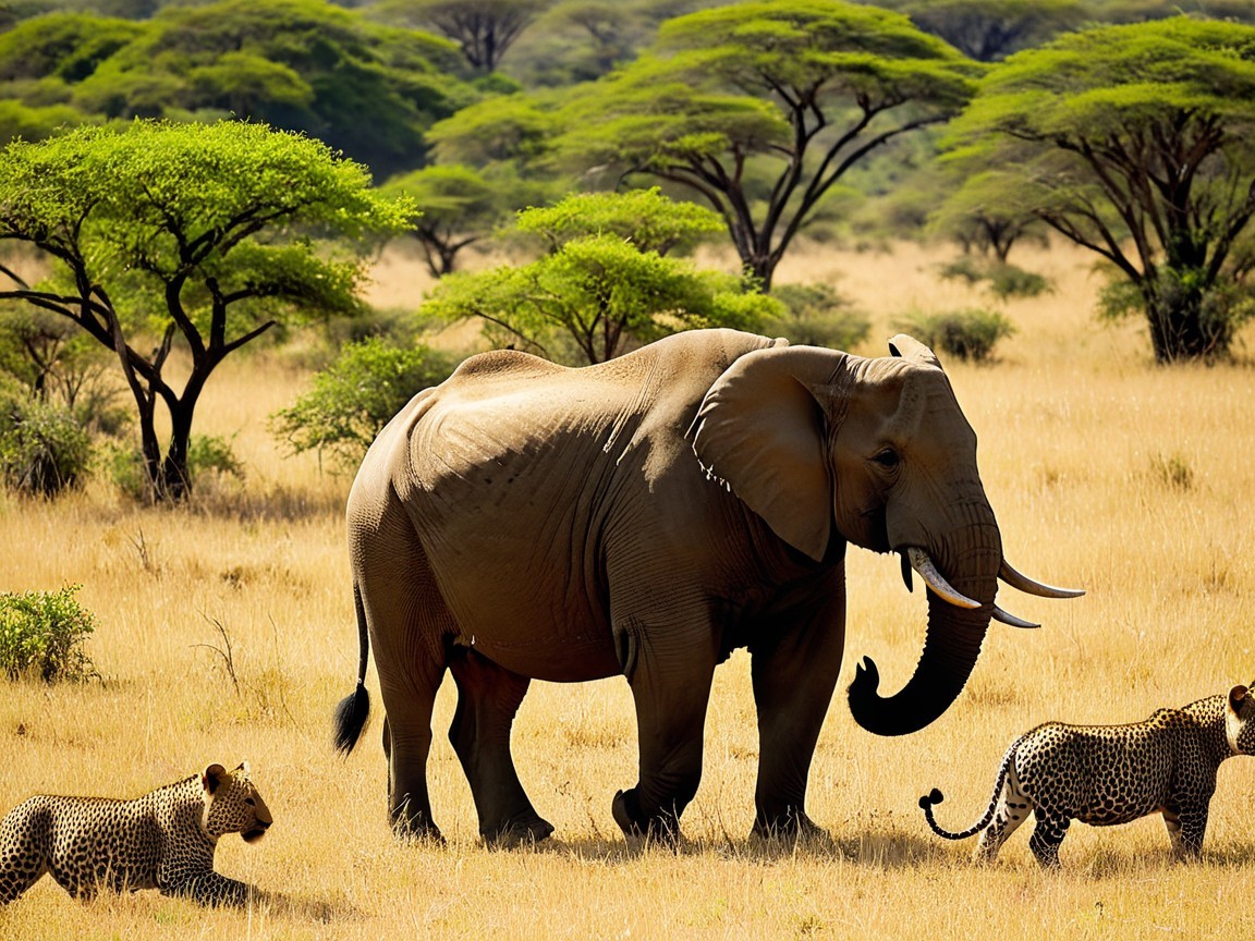 Elephant and Leopards in African Savanna Landscape