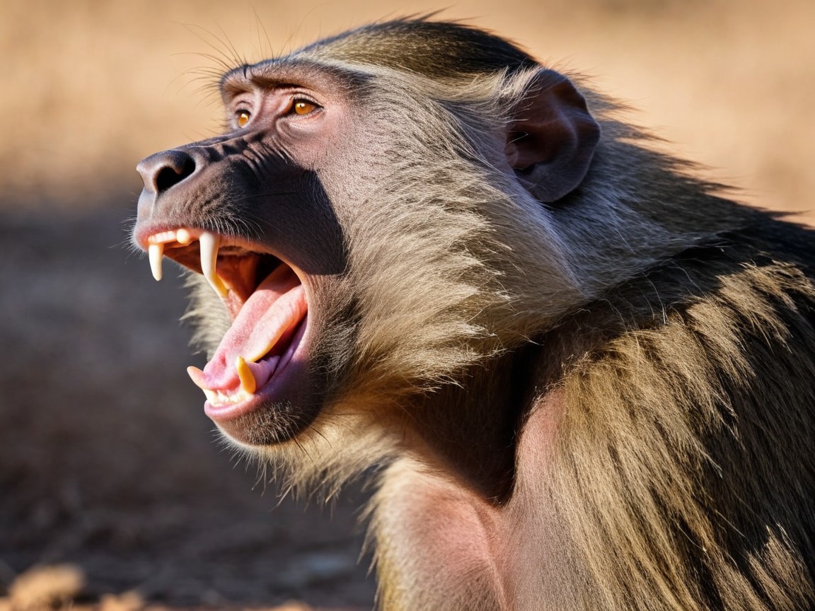 Profile of a Baboon with Open Mouth and Sharp Teeth