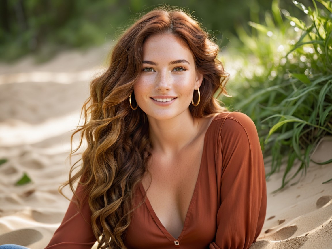 Young woman with auburn hair in natural setting
