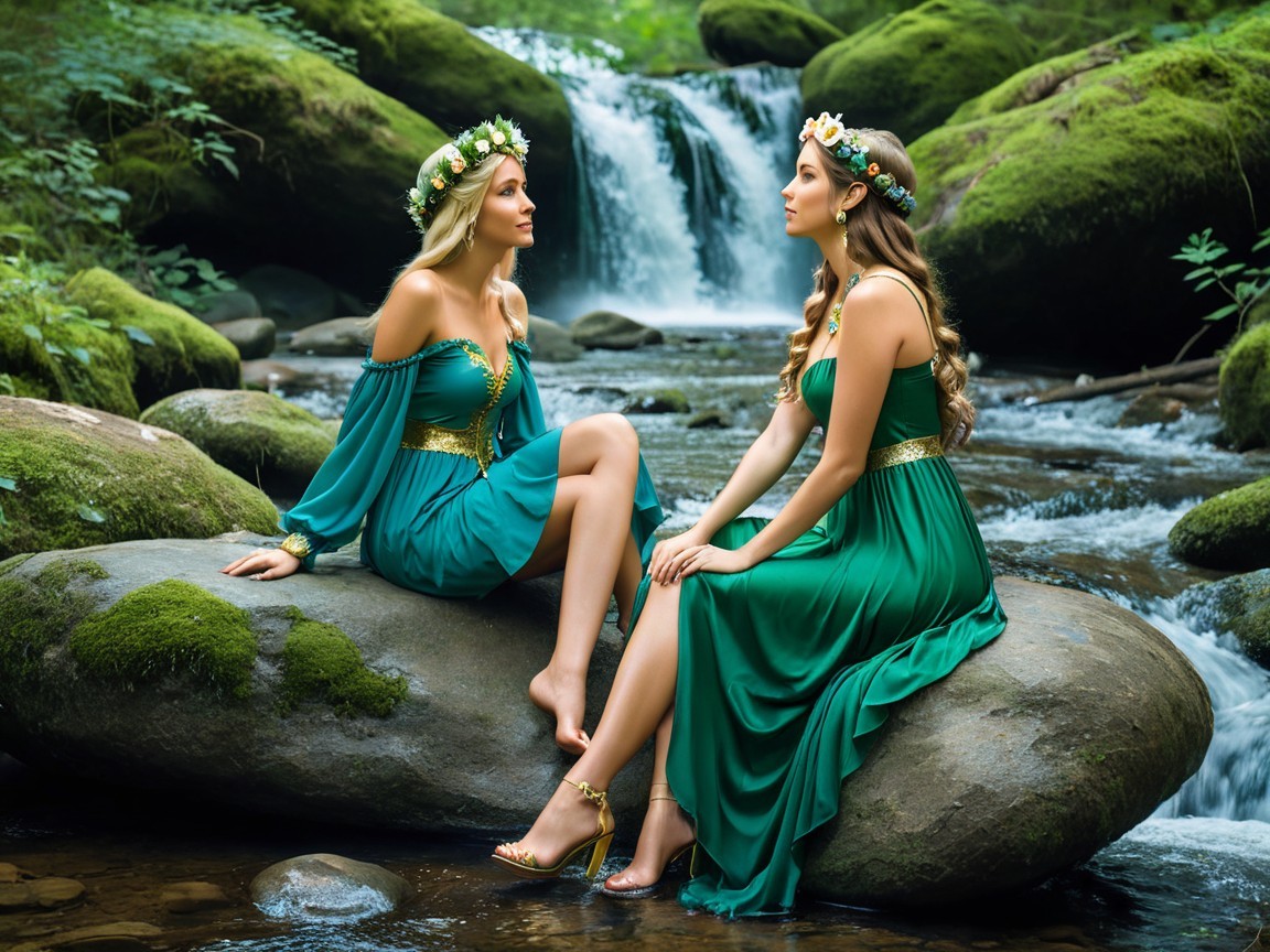 Women in Green Dresses by a Forest Stream