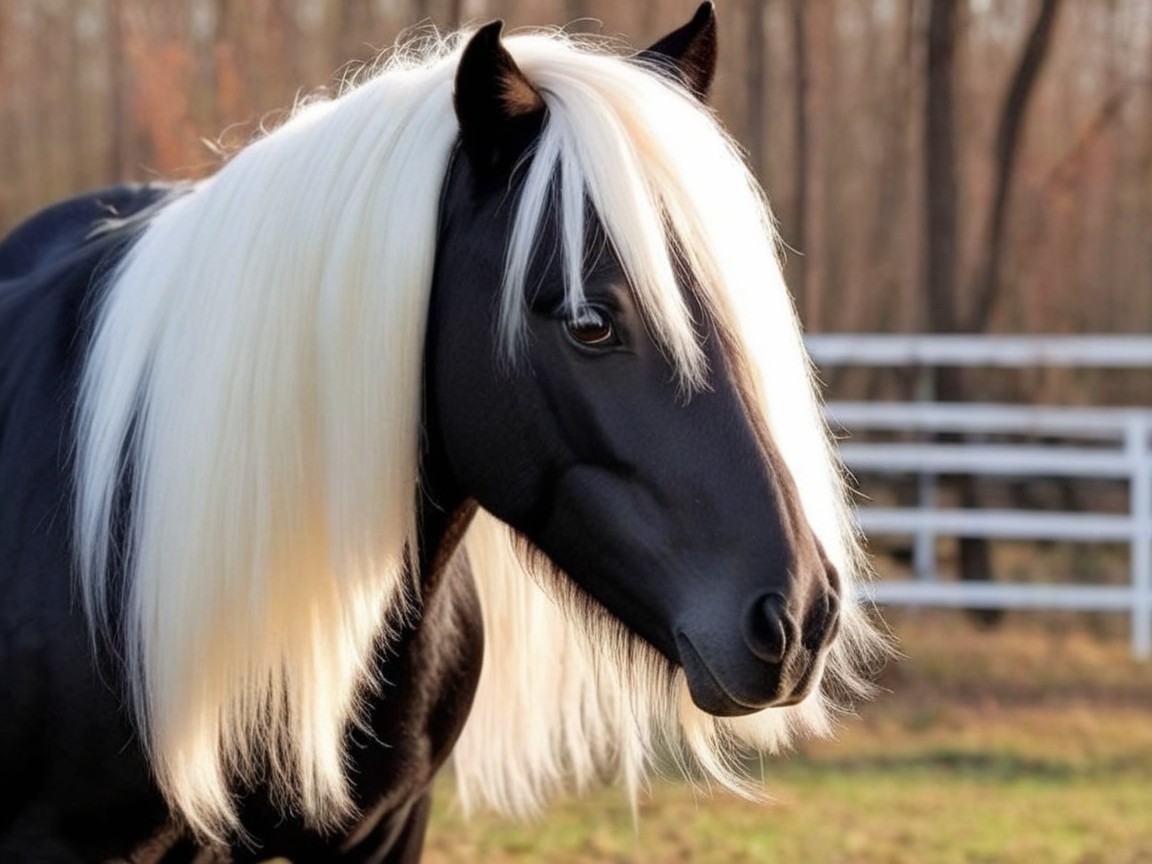Black Horse with White Mane in Serene Setting