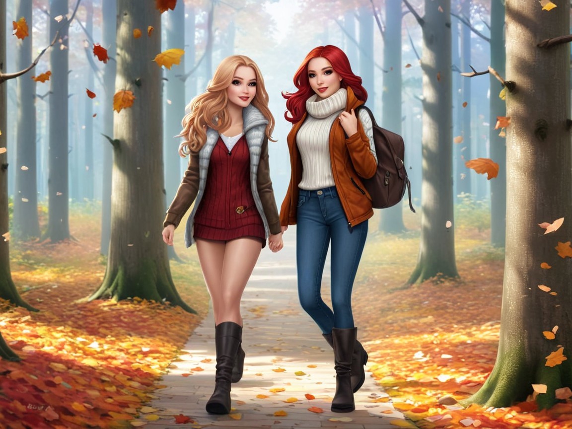 Stylish Women Walking on Autumn Forest Path